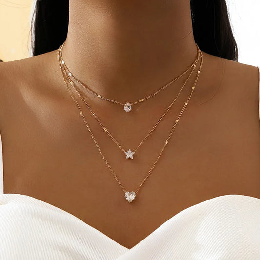 Crystal Zircon Heart Star Charm Layered Pendant Necklace