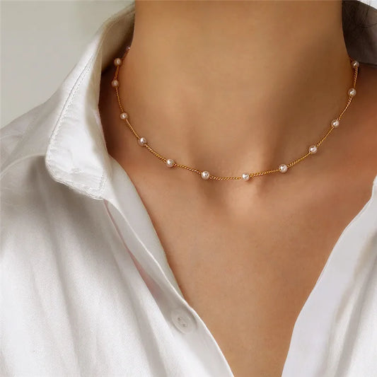 New Beads Women's Neck Chain Kpop Pearl Choker Necklace